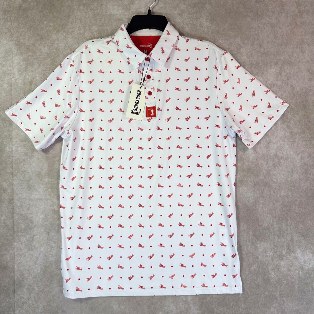 Bogey Bros Golf Polo Mens Size M White Red Mulli Polka Dot Performance SPF 45+